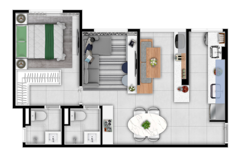 Ilustração artística da planta tipo de 56m²