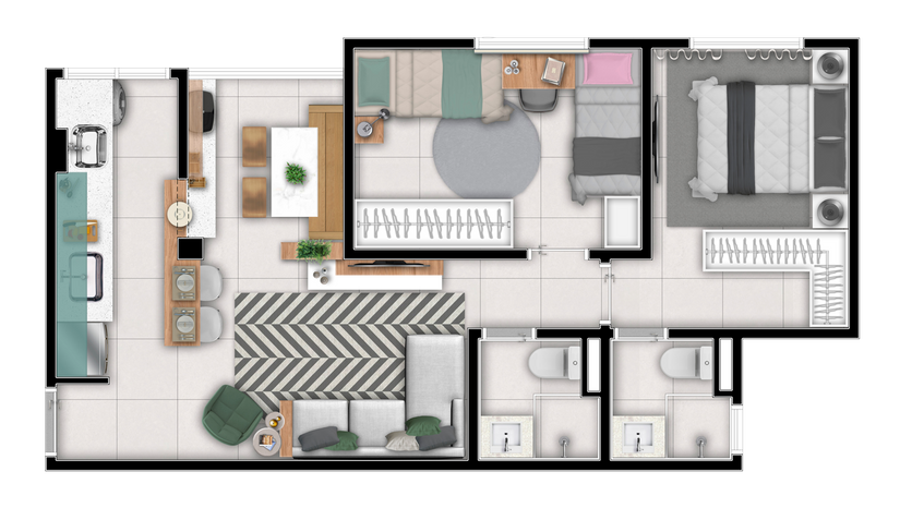 Ilustração artística da planta tipo ampliada de 56m²