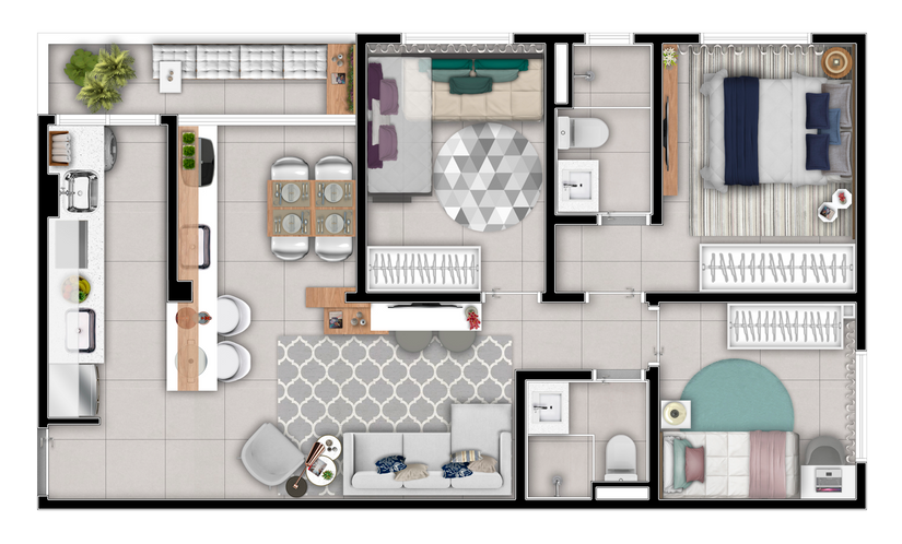 Ilustração artística da planta tipo de 72m²